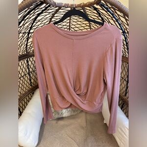 All in Motion Cropped Long Sleeve Twist Front Top Pink Brown Medium